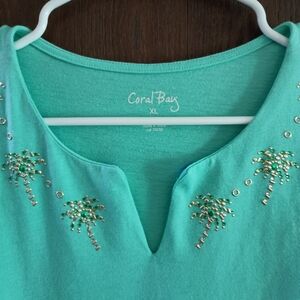 Coral Bay Aqua/Lt Mint Palm Tree Beaded Tee